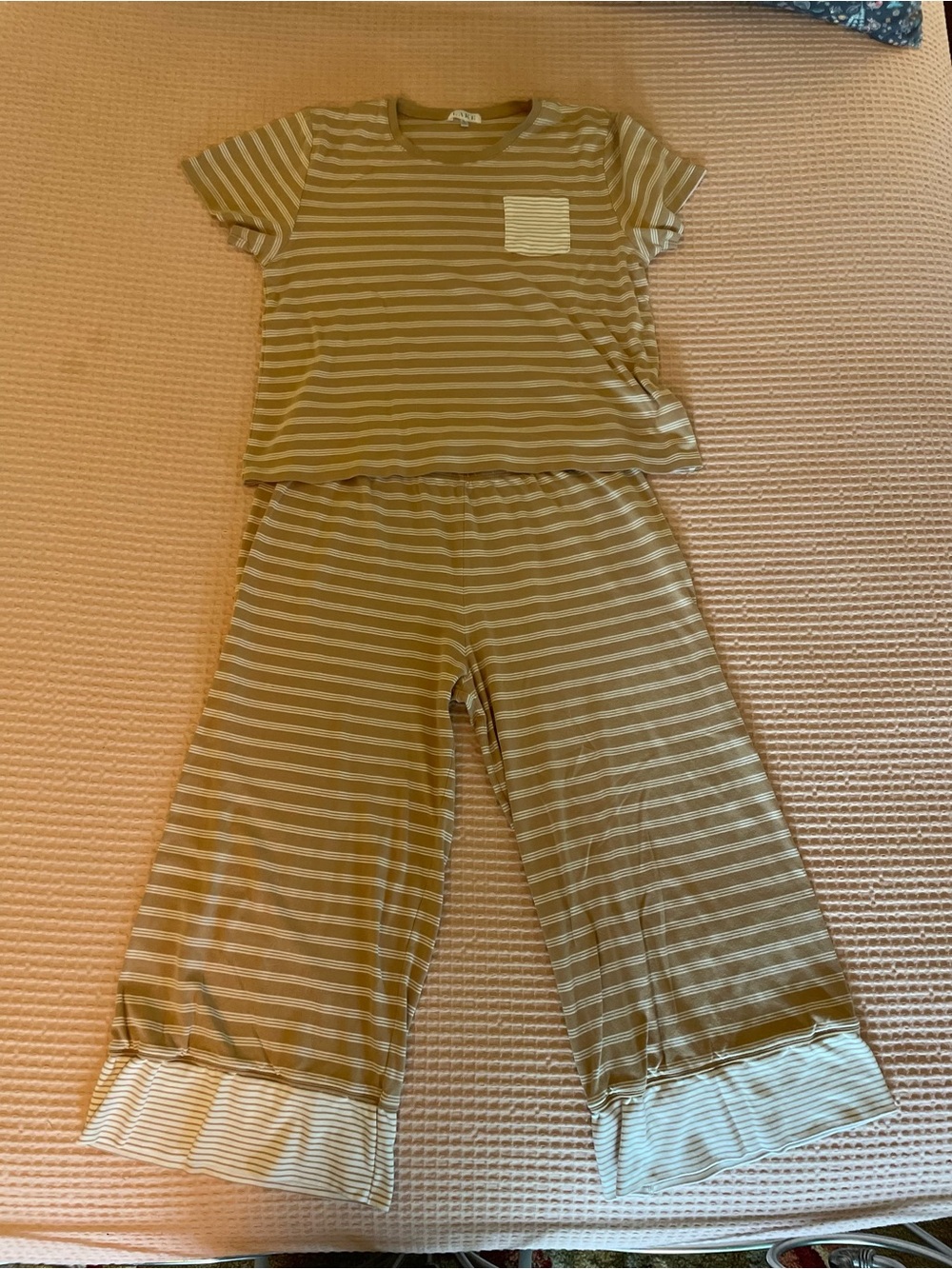Women's Tan Striped Pajama Set with Contrast Pocket